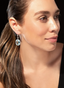 Model wearing aquamarine and diamond earrings, showing their size and proportion.