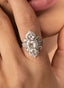 Close-up of rose cut diamond marquis ring, showcasing intricate craftsmanship.