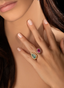 Model wearing emerald, pink sapphire, and diamond ring, highlighting size, proportion, and elegance.