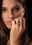 Model wearing rubellite and diamond marquis ring, highlighting size, proportion, and elegance.