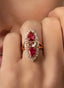 Close-up of 2.6 ct rubellite and diamond marquis ring, showcasing intricate craftsmanship.