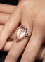 Close-up of 9.58 ct morganite and diamond ring, showcasing beautiful hand craftsmanship.