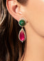 Close-up of emerald, pink tourmaline, and diamond drop earrings, showcasing intricate details.