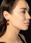 Model wearing pink tourmaline and diamond drop earrings, displaying size, proportion, and elegance.