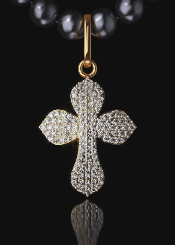The Finisher Medallion (Large) with connector on a pearl necklace, elegantly displayed on a table.